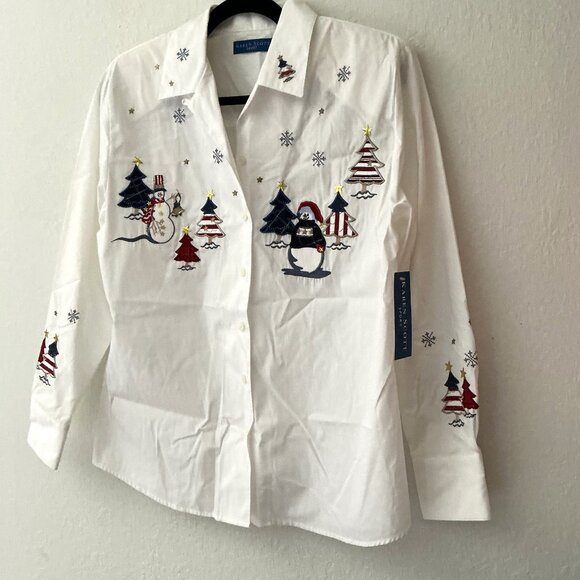 VINTAGE KAREN SCOTT EMBROIDERED CHRISTMAS BUTTON DOWN SHIRT - Picture 2 of 16
